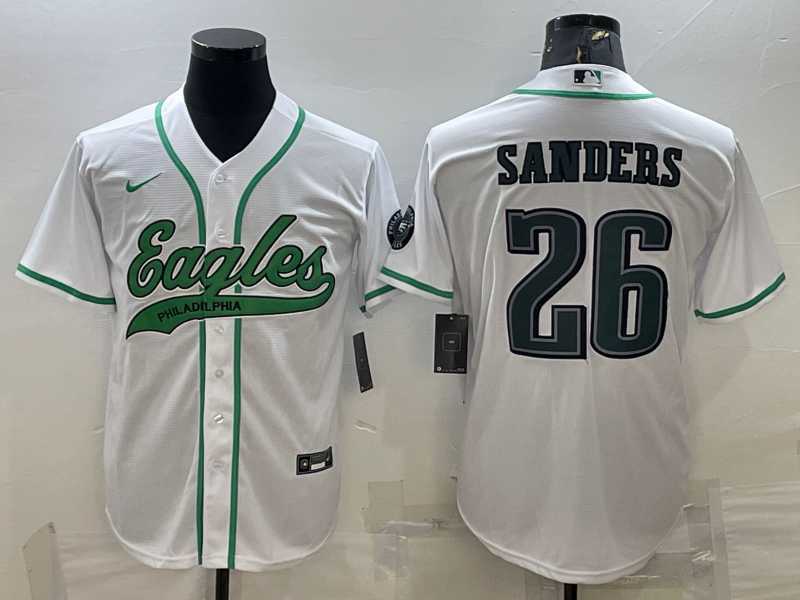 Mens Philadelphia Eagles #26 Miles Sanders White With Patch Cool Base Stitched Baseball Jersey